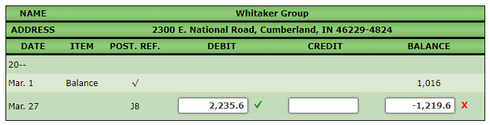 NAME
ADDRESS
DATE
20--
Mar. 1
Mar. 27
ITEM
Balance
Whitaker Group
2300 E. National Road, Cumberland, IN 46229-4824
DEBIT
CREDIT
POST. REF.
J8
2,235.6
BALANCE
1,016
-1,219.6 X