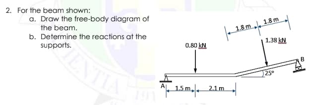 2. For the beam shown:
a. Draw the free-body diagram of
the beam.
1.8 m 1.8 m
b. Determine the reactions at the
1.38 kN.
supports.
0.80 kN
ENTIA
B
25°
A
2.1 m
15m, 2.1m.

