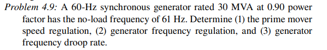 Problem 4.9: A 60-Hz synchronous generator rated 30 MVA at 0.90 power
factor has the no-load frequency of 61 Hz. Determine (1) the prime mover
speed regulation, (2) generator frequency regulation, and (3) generator
frequency droop rate.
