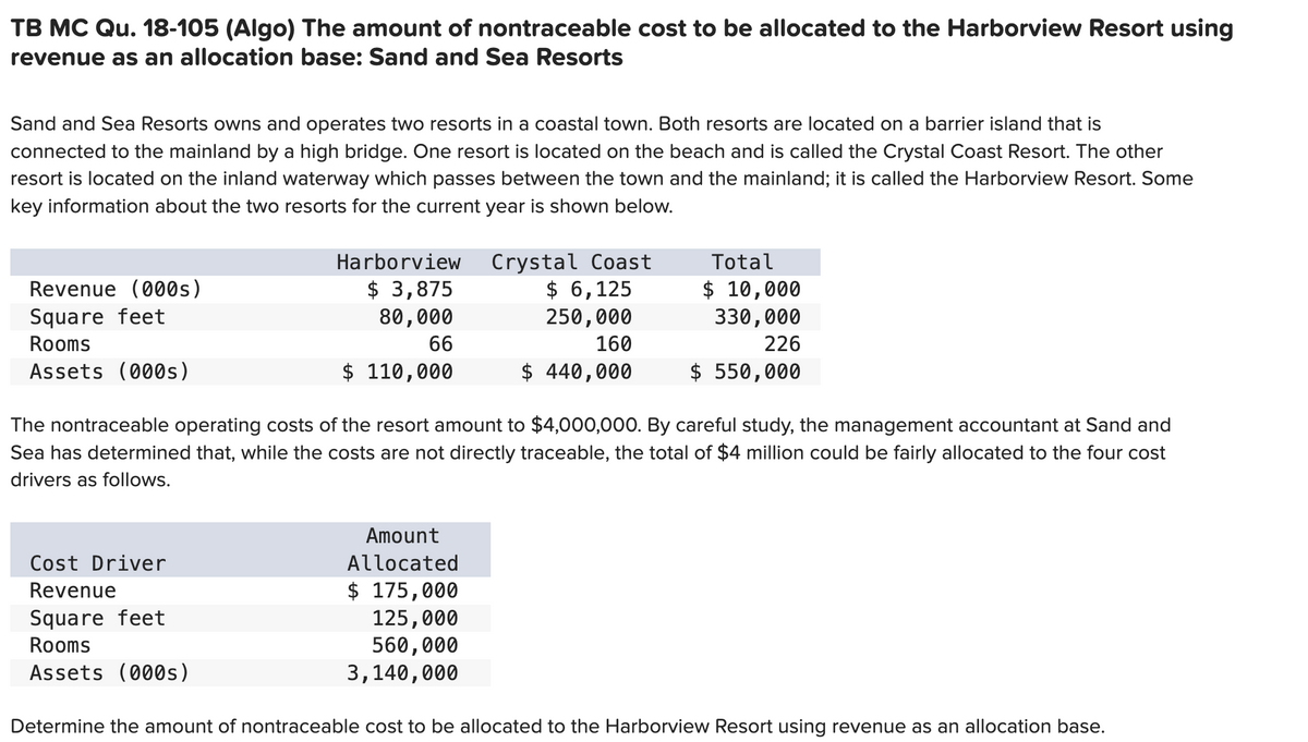 TB MC Qu. 18-105 (Algo) The amount of nontraceable cost to be allocated to the Harborview Resort using
revenue as an allocation base: Sand and Sea Resorts
Sand and Sea Resorts owns and operates two resorts in a coastal town. Both resorts are located on a barrier island that is
connected to the mainland by a high bridge. One resort is located on the beach and is called the Crystal Coast Resort. The other
resort is located on the inland waterway which passes between the town and the mainland; it is called the Harborview Resort. Some
key information about the two resorts for the current year is shown below.
Revenue (000s)
Square feet
Rooms
Assets (000s)
Harborview
$ 3,875
80,000
66
$ 110,000
Cost Driver
Revenue
Square feet
Rooms
Assets (000s)
Crystal Coast
$ 6,125
250,000
160
$ 440,000
The nontraceable operating costs of the resort amount to $4,000,000. By careful study, the management accountant at Sand and
Sea has determined that, while the costs are not directly traceable, the total of $4 million could be fairly allocated to the four cost
drivers as follows.
Amount
Allocated
$ 175,000
125,000
560,000
3,140,000
Total
$ 10,000
330,000
226
$ 550,000
Determine the amount of nontraceable cost to be allocated to the Harborview Resort using revenue as an allocation base.