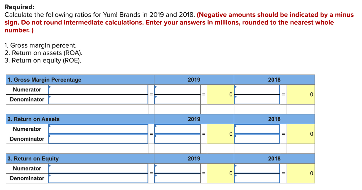 Required:
Calculate the following ratios for Yum! Brands in 2019 and 2018. (Negative amounts should be indicated by a minus
sign. Do not round intermediate calculations. Enter your answers in millions, rounded to the nearest whole
number.)
1. Gross margin percent.
2. Return on assets (ROA).
3. Return on equity (ROE).
1. Gross Margin Percentage
Numerator
Denominator
2. Return on Assets
Numerator
Denominator
3. Return on Equity
Numerator
Denominator
2019
2019
2019
||
O
0
0
2018
2018
2018
11
II
0
0
O
