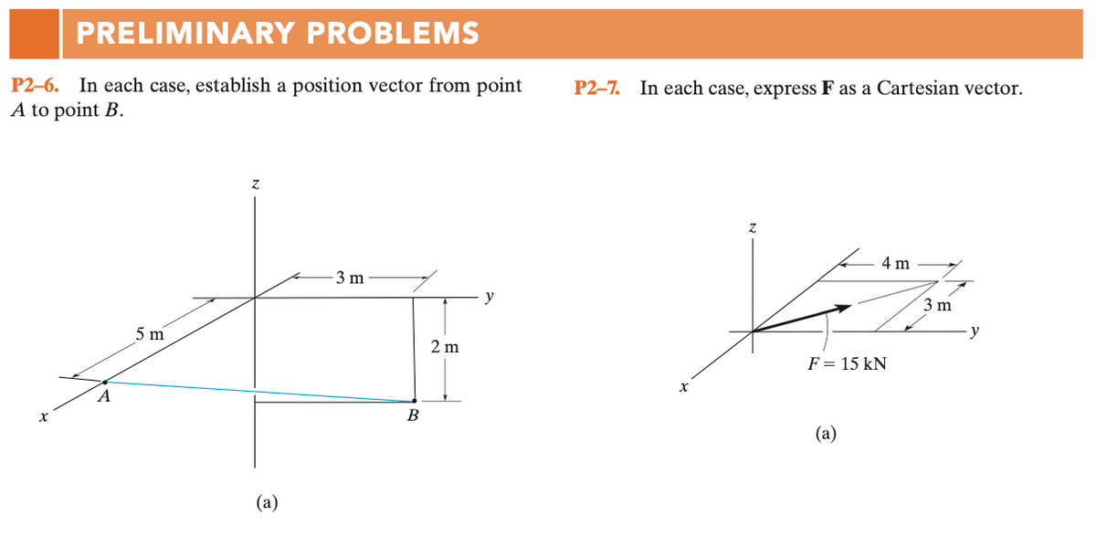 PRELIMINARY PROBLEMS
P2–6. In each case, establish a position vector from point
A to point B.
P2–7.
In each case, express F as a Cartesian vector.
4 m
-3 m
y
3 m
5 m
2 m
F = 15 kN
A
B
(а)
(a)
