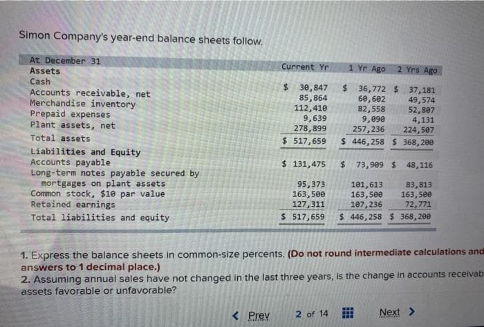 Simon Company's year-end balance sheets follow,
At December 31
Current Yr
1 Yr Ago
2 Yrs Ago
Assets
Cash
Accounts receivable, net
Merchandise inventory
Prepaid expenses
Plant assets, net
$ 30,847
85,864
112,410
9,639
278,899
$4
36,772 $ 37,181
60,602
82,558
9,090
257, 236
49,574
52,807
4,131
224,507
Total assets
$ 517,659
$ 446,258 S 368, 200
Liabilities and Equity
Accounts payable
Long-term notes payable secured by
mortgages on plant assets
Common stock, $10 par value
Retained earnings
$ 131,475
73,909 $ 48,116
95,373
163, 500
127,311
83,813
163, 500
72,771
$ 446,258 $ 368,200
101,613
163, 500
107,236
Total liabilities and equity
$ 517,659
1. Express the balance sheets in common-size percents. (Do not round intermediate calculations and
answers to 1 decimal place.)
2. Assuming annual sales have not changed in the last three years, is the change in accounts receivab
assets favorable or unfavorable?
< Prev
2 of 14
Next >
