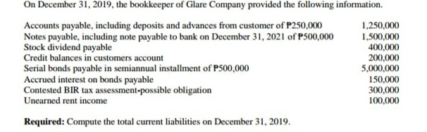On December 31, 2019, the bookkeeper of Glare Company provided the following information.
Accounts payable, including deposits and advances from customer of P250,000
Notes payable, including note payable to bank on December 31, 2021 of P500,000
Stock dividend payable
Credit balances in customers account
Serial bonds payable in semiannual installment of P500,000
Accrued interest on bonds payable
Contested BIR tax assessment-possible obligation
Unearned rent income
1,250,000
1,500,000
400,000
200,000
5,000,000
150,000
300,000
100,000
Required: Compute the total current liabilities on December 31, 2019.
