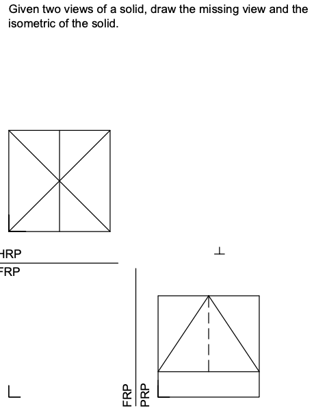 Given two views of a solid, draw the missing view and the
isometric of the solid.
X
HRP
FRP
L
FRP
PRP
F