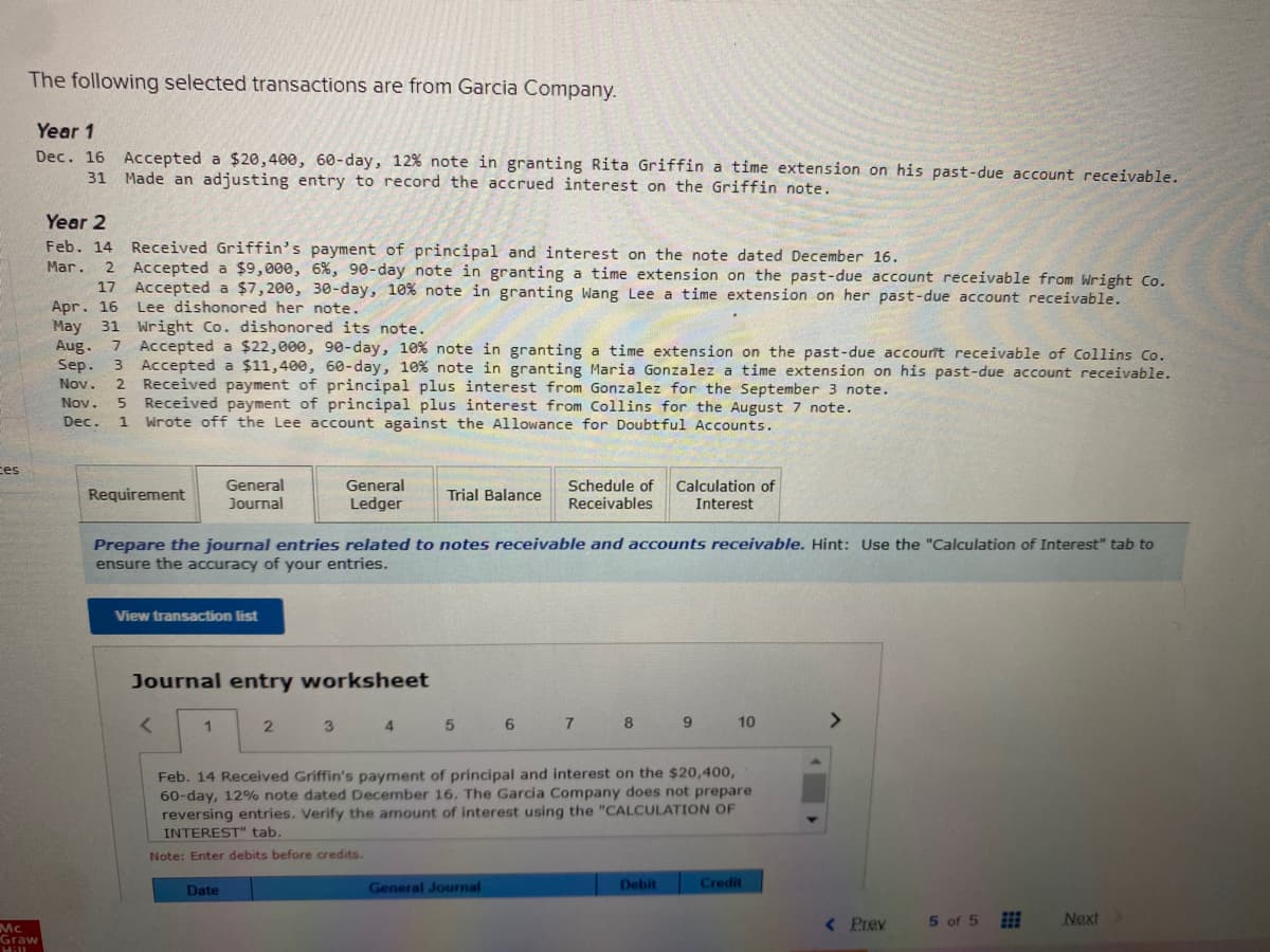 The following selected transactions are from Garcia Company.
Year 1
Dec. 16 Accepted a $20,400, 60-day, 12% note in granting Rita Griffin a time extension on his past-due account receivable.
31 Made an adjusting entry to record the accrued interest on the Griffin note.
Year 2
Feb. 14 Received Griffin's payment of principal and interest on the note dated December 16.
2 Accepted a $9,000, 6%, 90-day note in granting a time extension on the past-due account receivable from Wright Co.
17 Accepted a $7, 200, 30-day, 10% note in granting Wang Lee a time extension on her past-due account receivable.
Mar.
Apr. 16
May 31 Wright Co. dishonored its note.
Aug. 7 Accepted a $22,000, 90-day, 10% note in granting a time extension on the past-due accourt receivable of Collins Co.
Lee dishonored her note.
3 Accepted a $11,400, 60-day, 10% note in granting Maria Gonzalez a time extension on his past-due account receivable.
2 Received payment of principal plus interest from Gonzalez for the September 3 note.
Received payment of principal plus interest from Collins for the August 7 note.
Wrote off the Lee account against the Allowance for Doubtful Accounts.
Sep.
Nov,
Nov.
5.
Dec.
1
ces
General
Journal
Schedule of
Receivables
Calculation of
Interest
General
Requirement
Trial Balance
Ledger
Prepare the journal entries related to notes receivable and accounts receivable. Hint: Use the "Calculation of Interest" tab to
ensure the accuracy of your entries.
View transaction list
Journal entry worksheet
4 5 6 7 8
9
10
>
Feb. 14 Received Griffin's payment of principal and interest on the $20,400,
60-day, 12% note dated December 16. The Garcia Company does not prepare
reversing entries. Verify the amount of interest using the "CALCULATION OF
INTEREST" tab.
Note: Enter debits before credits.
Date
General Journal
Debit
Credit
< Prev
5 of 5
Next
Mc
Graw
Hill
