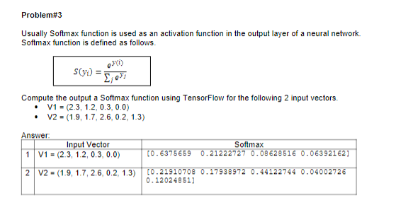 Problem#3
Usually Softmax function is used as an activation function in the output layer of a neural network.
Softmax function is defined as follows.
Compute the output a Softmax function using TensorFlow for the following 2 input vectors.
V1 = (2.3, 1.2, 0.3, 0.0)
• V2 = (1.9, 1.7, 2.6, 0.2, 1.3)
Answer:
1
@y(i)
s(yi) = ₁³
2
Input Vector
V1 = (2.3, 1.2, 0.3, 0.0)
V2 = (1.9, 1.7, 2.6, 0.2, 1.3)
Softmax
[0.6375659 0.21222727 0.08628516 0.06392162]
(0.21910708 0.17938972 0.44122744 0.04002726
0.12024851)