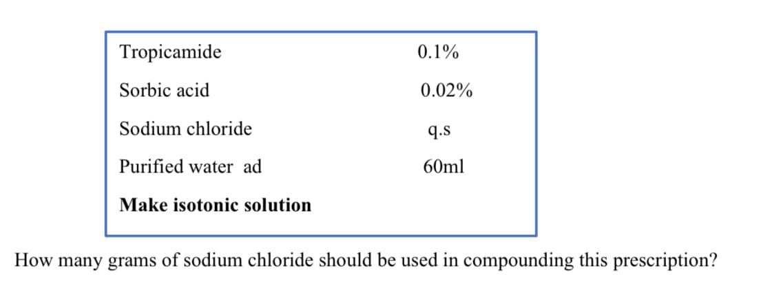 Tropicamide
Sorbic acid
Sodium chloride
Purified water ad
Make isotonic solution
0.1%
0.02%
q.s
60ml
How many grams of sodium chloride should be used in compounding this prescription?