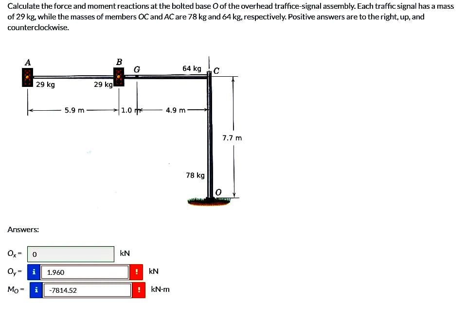 Calculate the force and moment reactions at the bolted base O of the overhead traffice-signal assembly. Each traffic signal has a mass
of 29 kg, while the masses of members OC and AC are 78 kg and 64 kg, respectively. Positive answers are to the right, up, and
counterclockwise.
A
Answers:
Ox=
Oy=
29 kg
Mo=
1.960
5.9 m
i -7814.52
29 kg
B
1.0
kN
G
kN
64 kg
4.9 m
kN-m
78 kg
C
O
7.7 m
HTT