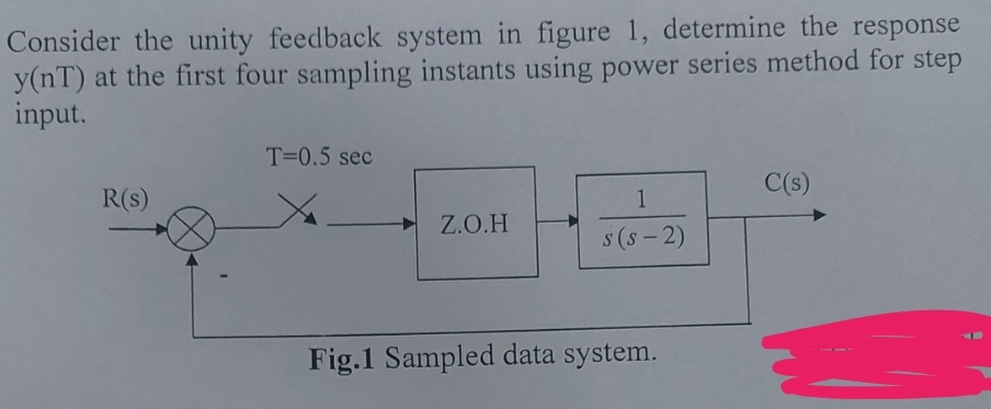 Consider the unity feedback system in figure 1, determine the response
y(nT) at the first four sampling instants using power series method for step
input.
R(S)
T=0.5 sec
Z.O.H
1
s (S-2)
Fig.1 Sampled data system.
C(s)