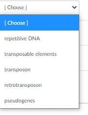 | Choose J
[Choose]
repetitive DNA
transposable elements
transposon
retrotransposon
pseudogenes
