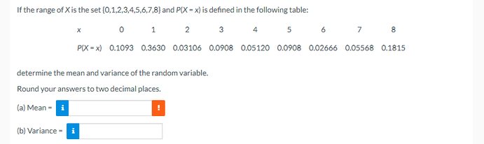 If the range of X is the set (0,1,2,3,4,5,6,7,8} and P(X - x) is defined in the following table:
0 1 2 3
7 8
4
5
6
P(X = x) 0.1093 0.3630 0.03106 0.0908 0.05120 0.0908 0.02666 0.05568 0.1815
determine the mean and variance of the random variable.
Round your answers to two decimal places.
(a) Mean - i
(b) Variance -
