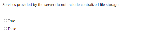 Services provided by the server do not include centralized file storage.
O True
False