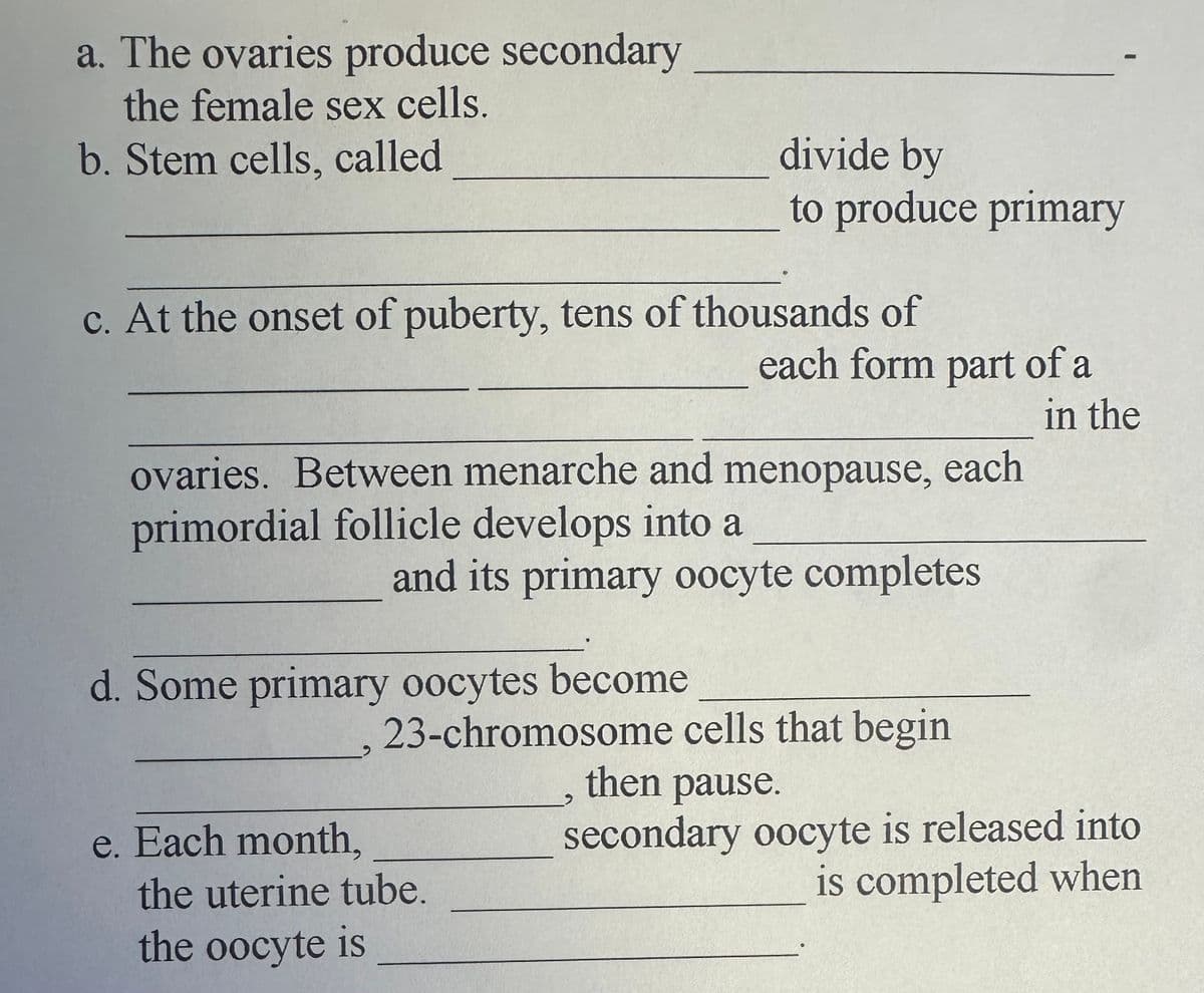 a. The ovaries produce secondary
the female sex cells.
b. Stem cells, called
divide by
to produce primary
each form part of a
c. At the onset of puberty, tens of thousands of
ovaries. Between menarche and menopause, each
primordial follicle develops into a
in the
and its primary oocyte completes
d. Some primary oocytes become
23-chromosome cells that begin
then pause.
secondary oocyte is released into
is completed when
e. Each month,
the uterine tube.
the oocyte is