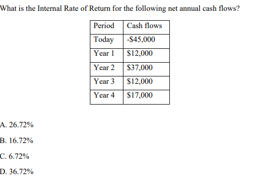 What is the Internal Rate of Return for the following net annual cash flows?
Cash flows
-$45,000
$12,000
$37,000
$12,000
$17,000
A. 26.72%
B. 16.72%
C. 6.72%
D. 36.72%
Period
Today
Year 1
Year 2
Year 3
Year 4