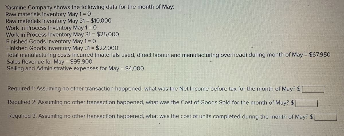 Yasmine Company shows the following data for the month of May:
Raw materials inventory May 1 = 0
Raw materials inventory May 31 = $10,000
Work in Process Inventory May 1 = 0
Work in Process Inventory May 31 = $25,000
Finished Goods Inventory May 1 = 0
Finished Goods Inventory May 31 = $22,000
Total manufacturing costs incurred (materials used, direct labour and manufacturing overhead) during month of May = $67,950
Sales Revenue for May = $95,900
Selling and Administrative expenses for May = $4,000
Required 1: Assuming no other transaction happened, what was the Net Income before tax for the month of May? $
Required 2: Assuming no other transaction happened, what was the Cost of Goods Sold for the month of May? $
Required 3: Assuming no other transaction happened, what was the cost of units completed during the month of May? $