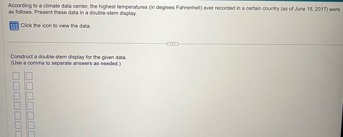 According to a climate data center, the highest temperatures (in degrees Fahrenheit) ever recorded in a certain country (as of June 15, 2017) were
as follows. Present these data in a double-stem display.
Click the icon to view the data.
Construct a double-stem display for the given data.
(Use a comma to separate answers as needed.)