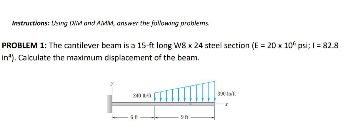 Instructions: Using DIM and AMM, answer the following problems.
PROBLEM 1: The cantilever beam is a 15-ft long W8 x 24 steel section (E = 20 x 106 psi; 1 = 82.8
in4). Calculate the maximum displacement of the beam.
240 lb/ft
6 ft
9 ft
390 lb/ft
x