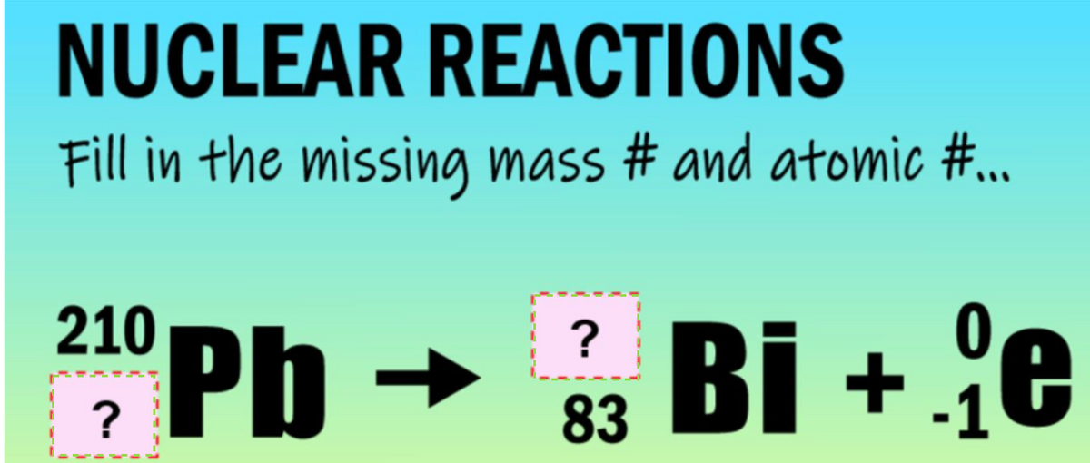 NUCLEAR REACTIONS
Fill in the missing mass # and atomic #...
210
?
?
Pb
83
Bi+e