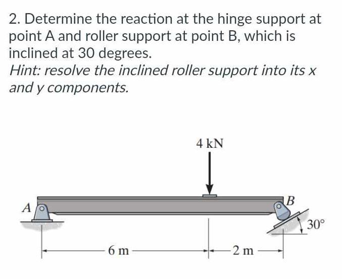 2. Determine the reaction at the hinge support at
point A and roller support at point B, which is
inclined at 30 degrees.
Hint: resolve the inclined roller support into its x
and y components.
A
6 m
4 kN
-2 m
B
30°