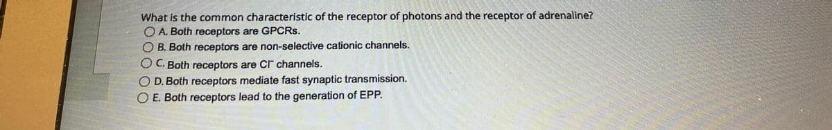 What is the common characteristic of the receptor of photons and the receptor of adrenaline?
A. Both receptors are GPCRs.
B. Both receptors are non-selective cationic channels.
OC. Both receptors are Cr channels.
OD. Both receptors mediate fast synaptic transmission.
OE. Both receptors lead to the generation of EPP.