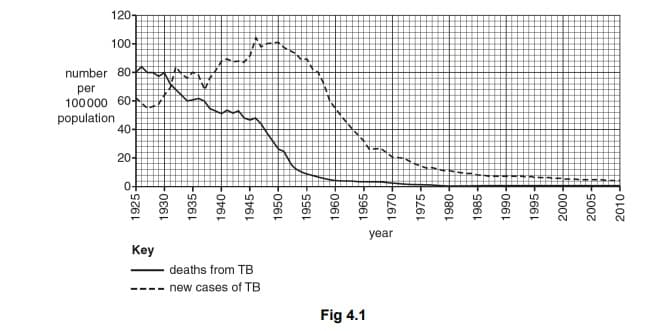 120-
100-
number 80AU
per
100000 60-
population
year
Key
- deaths from TB
--- new cases of TB
Fig 4.1
1925
1930-
1935-
1940
1945-
1950-
1955
096-
1965
1970
1975-
1980
1985
0661
1995·
2005-
2010-
