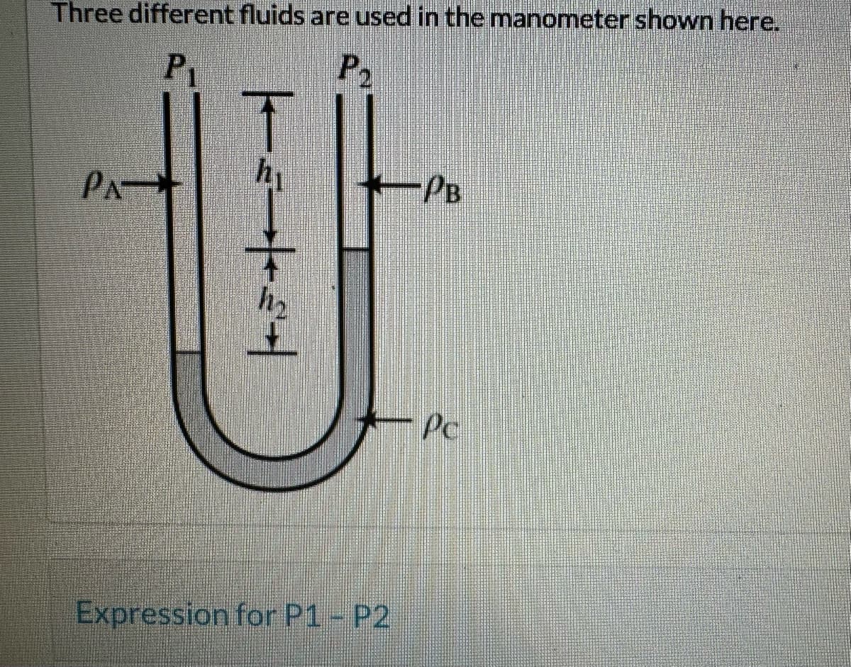 Three different fluids are used in the manometer shown here.
P₁
T
U
|-----|-|
Expression for P1 - P2
LO
PB
Pc