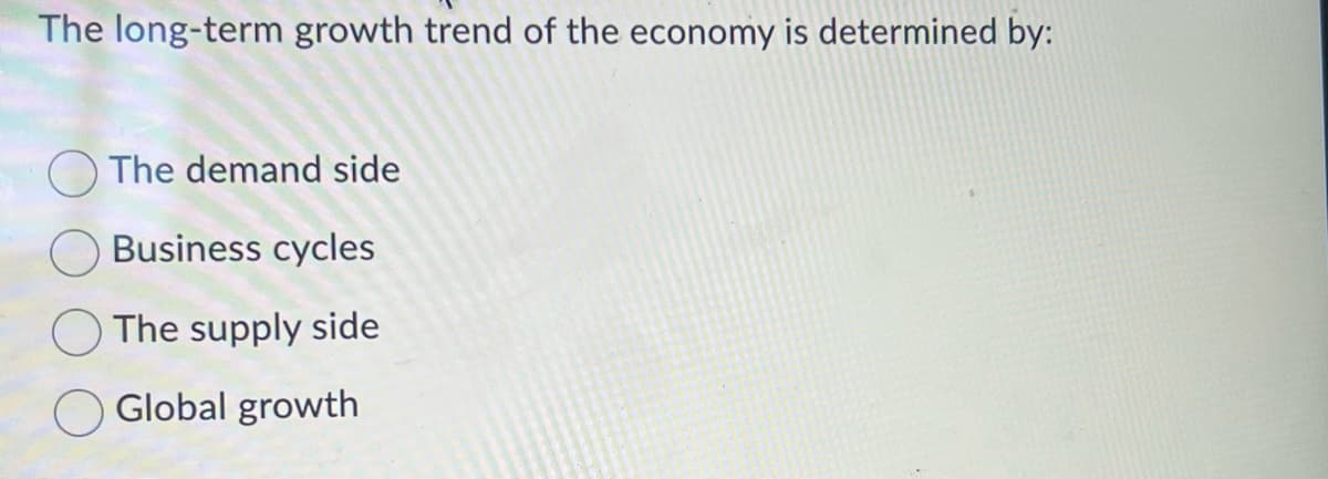 The long-term growth trend of the economy is determined by:
The demand side
Business cycles
The supply side
Global growth