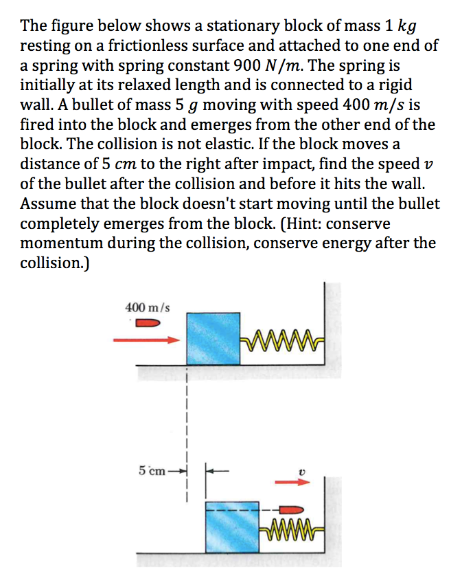 The figure below shows a stationary block of mass 1 kg
resting on a frictionless surface and attached to one end of
a spring with spring constant 900 N/m. The spring is
initially at its relaxed length and is connected to a rigid
wall. A bullet of mass 5 g moving with speed 400 m/s is
fired into the block and emerges from the other end of the
block. The collision is not elastic. If the block moves a
distance of 5 cm to the right after impact, find the speed v
of the bullet after the collision and before it hits the wall.
Assume that the block doesn't start moving until the bullet
completely emerges from the block. (Hint: conserve
momentum during the collision, conserve energy after the
collision.)
400 m/s
www
5 cm-
