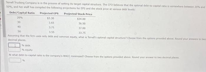 Terrell Trucking Company is in the process of setting its target capital structure. The CFO believes that the optimal debt-to-capital ratio is somewhere between 20% and
50%, and her staff has compiled the following projections for EPS and the stock price at various debt levels:
Debt/Capital Ratio
20%
30
40
50
Projected EPS
Projected Stock Price
$3.30
$34.00
3.65
36.50
3.75
3.55
37.00
33.75
Assuming that the firm uses only debt and common equity, what is Terrell's optimal capital structure? Choose from the options provided above. Round your answers to two-
decimal places.
% debt
% equity
At what debt-to-capital ratio is the company's WACC minimized? Choose from the options provided above. Round your answer to two decimal places.