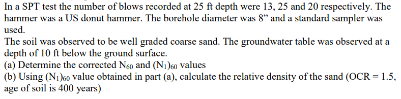 In a SPT test the number of blows recorded at 25 ft depth were 13, 25 and 20 respectively. The
hammer was a US donut hammer. The borehole diameter was 8" and a standard sampler was
used.
The soil was observed to be well graded coarse sand. The groundwater table was observed at a
depth of 10 ft below the ground surface.
(a) Determine the corrected N60 and (N1)60 Values
(b) Using (N1)60 value obtained in part (a), calculate the relative density of the sand (OCR = 1.5,
age of soil is 400 years)
