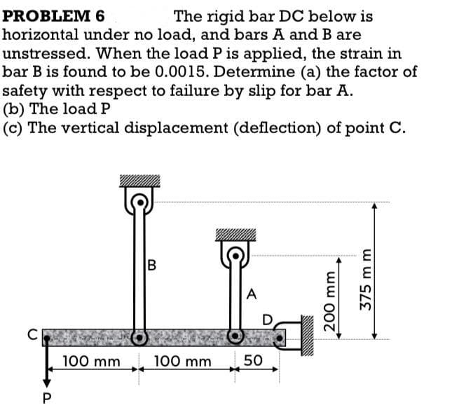 PROBLEM 6
The rigid bar DC below is
horizontal under no load, and bars A and B are
unstressed. When the load P is applied, the strain in
bar B is found to be 0.0015. Determine (a) the factor of
safety with respect to failure by slip for bar A.
(b) The load P
(c) The vertical displacement (deflection) of point C.
E
B
A
C
100 mm 100 mm
50
P.
200 mm
375m m
