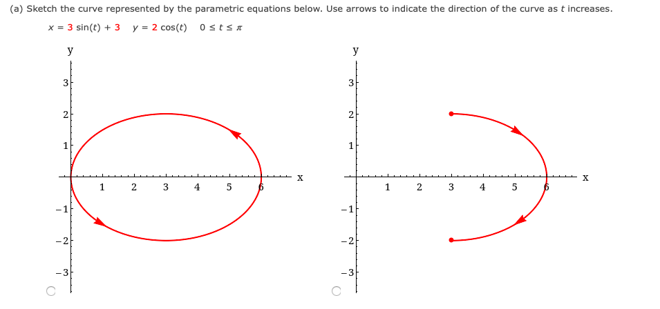 (a) Sketch the curve represented by the parametric equations below. Use arrows to indicate the direction of the curve as t increases.
x = 3 sin(t) + 3 y = 2 cos(t) 0 sts a
y
y
3
3
2
2
1F
1
1 2
4
5
X
1
4
-1
-1
-2
-3
-3
3.
2.
3.
2.
