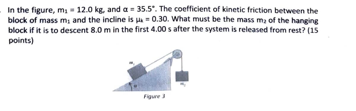 In the figure, m₁ = 12.0 kg, and α = 35.5°. The coefficient of kinetic friction between the
block of mass m₁ and the incline is μk = 0.30. What must be the mass m₂ of the hanging
block if it is to descent 8.0 m in the first 4.00 s after the system is released from rest? (15
points)
Figure 3