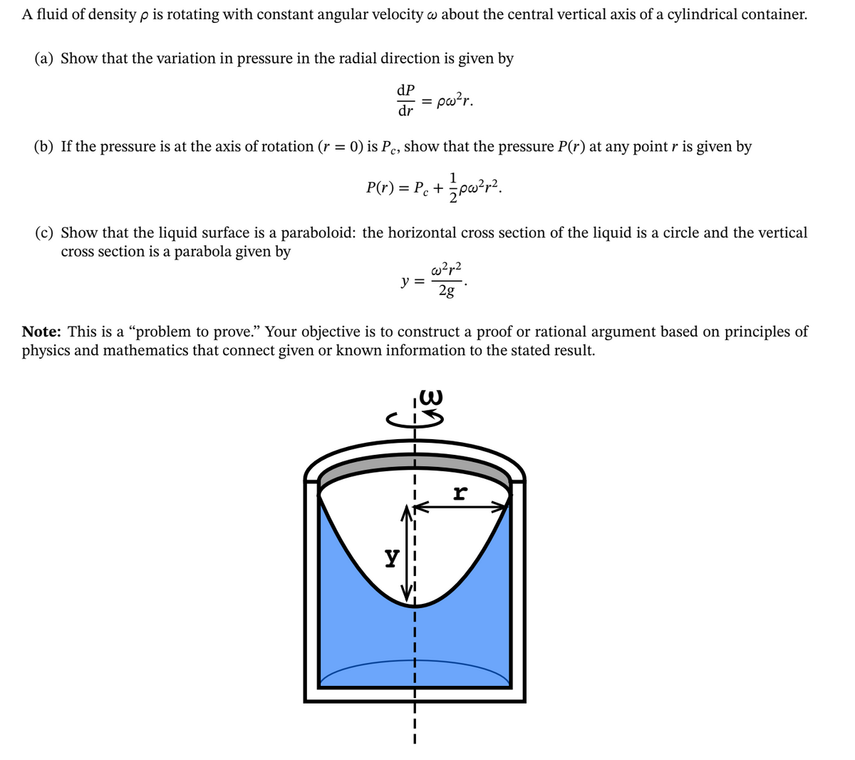 A fluid of density p is rotating with constant angular velocity w about the central vertical axis of a cylindrical container.
(a) Show that the variation in pressure in the radial direction is given by
dP
= pwr.
dr
(b) If the pressure is at the axis of rotation (r = 0) is Pc, show that the pressure P(r) at any point r is given by
1
P(r) = P. + pw²r?.
(c) Show that the liquid surface is a paraboloid: the horizontal cross section of the liquid is a circle and the vertical
cross section is a parabola given by
w?r2
y =
2g
Note: This is a “problem to prove." Your objective is to construct a proof or rational argument based on principles of
physics and mathematics that connect given or known information to the stated result.
r
