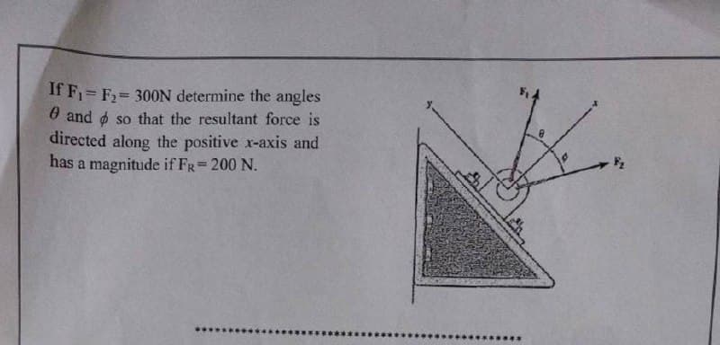 If F₁ = F₂=300N determine the angles
and so that the resultant force is
directed along the positive x-axis and
has a magnitude if FR = 200 N.
***
K