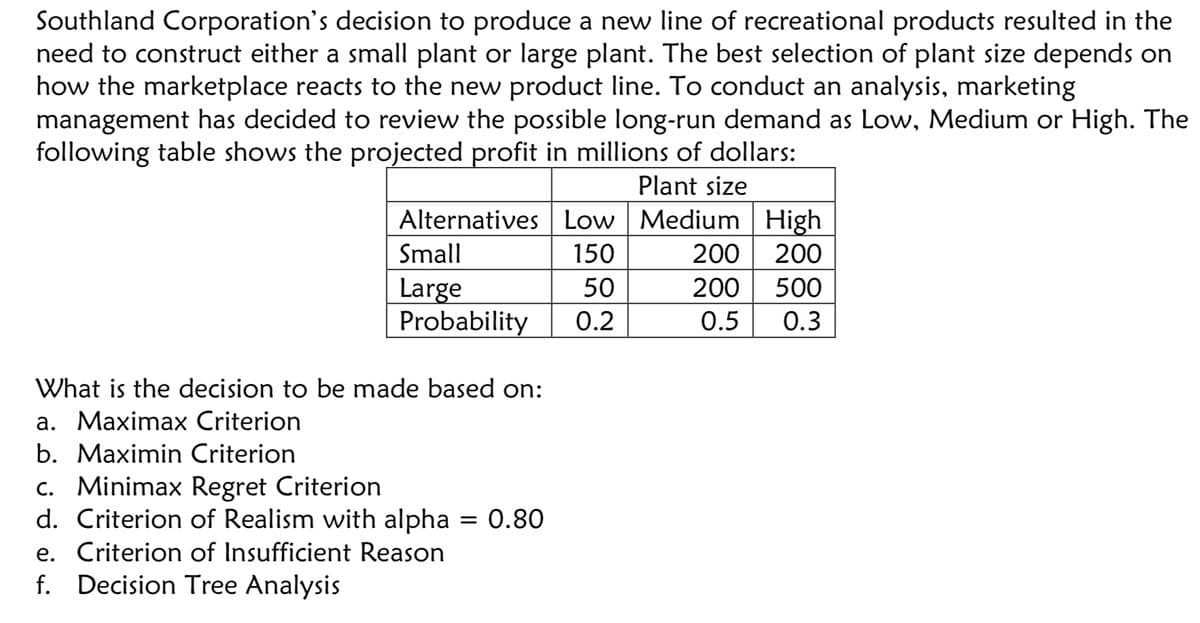 Southland Corporation's decision to produce a new line of recreational products resulted in the
need to construct either a small plant or large plant. The best selection of plant size depends on
how the marketplace reacts to the new product line. To conduct an analysis, marketing
management has decided to review the possible long-run demand as Low, Medium or High. The
following table shows the projected profit in millions of dollars:
Plant size
Alternatives Low Medium High
Small
150
200
200
50
500
Large
Probability
200
0.2
0.5
0.3
What is the decision to be made based on:
a. Maximax Criterion
b. Maximin Criterion
c. Minimax Regret Criterion
d. Criterion of Realism with alpha
e. Criterion of Insufficient Reason
f. Decision Tree Analysis
= 0.80
