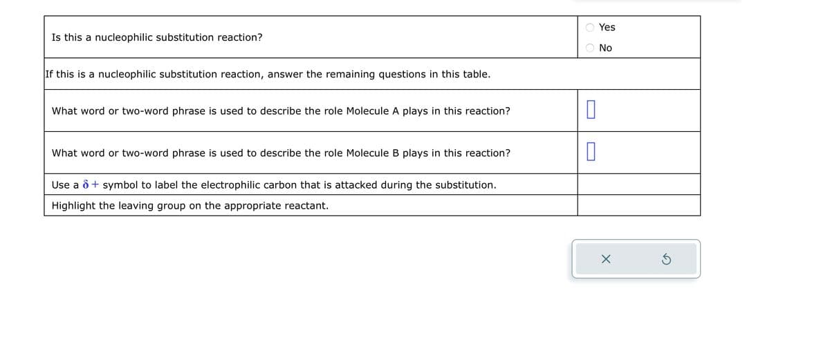 Is this a nucleophilic substitution reaction?
If this is a nucleophilic substitution reaction, answer the remaining questions in this table.
What word or two-word phrase is used to describe the role Molecule A plays in this reaction?
What word or two-word phrase is used to describe the role Molecule B plays in this reaction?
Use a 6 + symbol to label the electrophilic carbon that is attacked during the substitution.
Highlight the leaving group on the appropriate reactant.
0
0
Yes
No
X
S