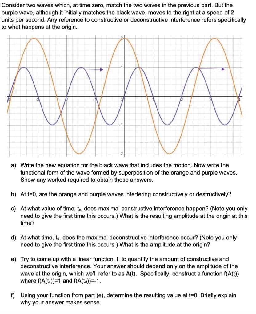 Consider two waves which, at time zero, match the two waves in the previous part. But the
purple wave, although it initially matches the black wave, moves to the right at a speed of 2
units per second. Any reference to constructive or deconstructive interference refers specifically
to what happens at the origin.
a) Write the new equation for the black wave that includes the motion. Now write the
functional form of the wave formed by superposition of the orange and purple waves.
Show any worked required to obtain these answers.
b) At t=0, are the orange and purple waves interfering constructively or destructively?
c) At what value of time, te, does maximal constructive interference happen? (Note you only
need to give the first time this occurs.) What is the resulting amplitude at the origin at this
time?
d) At what time, ta, does the maximal deconstructive interference occur? (Note you only
need to give the first time this occurs.) What is the amplitude at the origin?
e) Try to come up with a linear function, f, to quantify the amount of constructive and
deconstructive interference. Your answer should depend only on the amplitude of the
wave at the origin, which we'll refer to as A(t). Specifically, construct a function f(A(t))
where f(A(to))=1 and f(A(ta))=-1.
f) Using your function from part (e), determine the resulting value at t=0. Briefly explain
why your answer makes sense.

