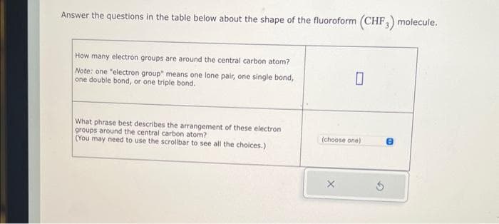 Answer the questions in the table below about the shape of the fluoroform (CHF3) molecule.
How many electron groups are around the central carbon atom?
Note: one "electron group" means one lone pair, one single bond,
one double bond, or one triple bond.
What phrase best describes the arrangement of these electron
groups around the central carbon atom?
(You may need to use the scrollbar to see all the choices.)
0
(choose one)
X
8