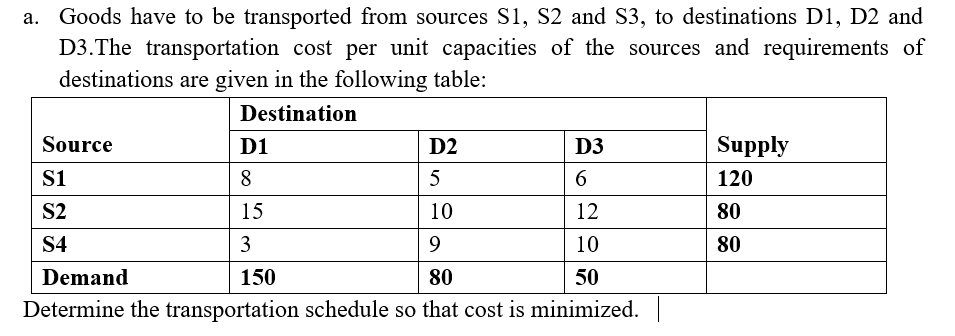 a. Goods have to be transported from sources S1, S2 and S3, to destinations D1, D2 and
D3. The transportation cost per unit capacities of the sources and requirements of
destinations are given in the following table:
Destination
Source
S1
S2
S4
D1
8
15
3
150
D2
5
10
9
Demand
80
50
Determine the transportation schedule so that cost is minimized.
D3
6
12
10
Supply
120
80
80