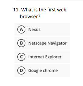 11. What is the first web
browser?
A) Nexus
B) Netscape Navigator
Internet Explorer
(D) Google chrome