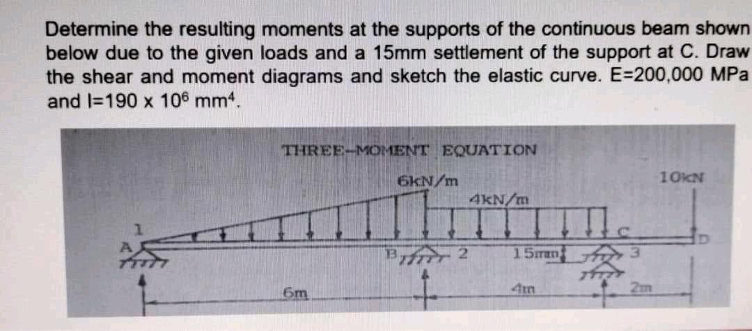 Determine the resulting moments at the supports of the continuous beam shown
below due to the given loads and a 15mm settlement of the support at C. Draw
the shear and moment diagrams and sketch the elastic curve. E=200,000 MPa
and I=190 x 106 mm4.
THREE-MOMENT EQUATION
6KN/m
10KN
4kN/m
Biffir 2
15mn 3
6m
4tm
2m
