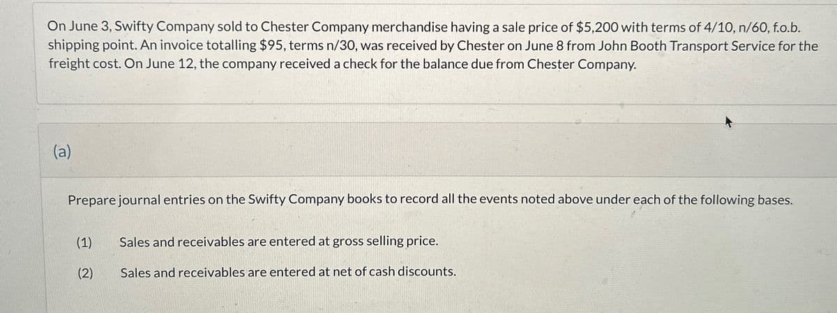 On June 3, Swifty Company sold to Chester Company merchandise having a sale price of $5,200 with terms of 4/10, n/60, f.o.b.
shipping point. An invoice totalling $95, terms n/30, was received by Chester on June 8 from John Booth Transport Service for the
freight cost. On June 12, the company received a check for the balance due from Chester Company.
(a)
Prepare journal entries on the Swifty Company books to record all the events noted above under each of the following bases.
(1)
(2)
Sales and receivables are entered at gross selling price.
Sales and receivables are entered at net of cash discounts.