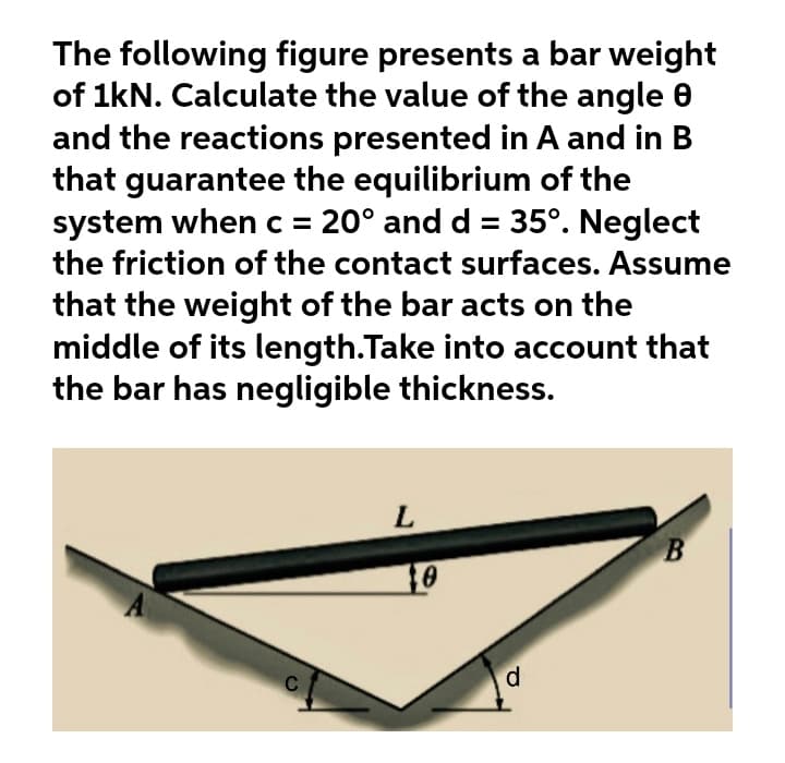 The following figure presents a bar weight
of 1kN. Calculate the value of the angle 0
and the reactions presented in A and in B
that guarantee the equilibrium of the
system when c = 20° and d = 35°. Neglect
the friction of the contact surfaces. Assume
that the weight of the bar acts on the
middle of its length.Take into account that
the bar has negligible thickness.
L
10
d
