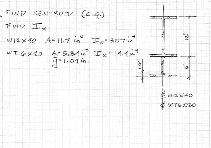 FIND CENTROID (C.G.)
FIND Ix
WI2X40
WIZX40 Ix= 307 im"
A- 11.7 in
307 int
WT 6X20
A-5.84m エx14.イm
1.09 im.
WIZX40
とWTGX20
21
の
