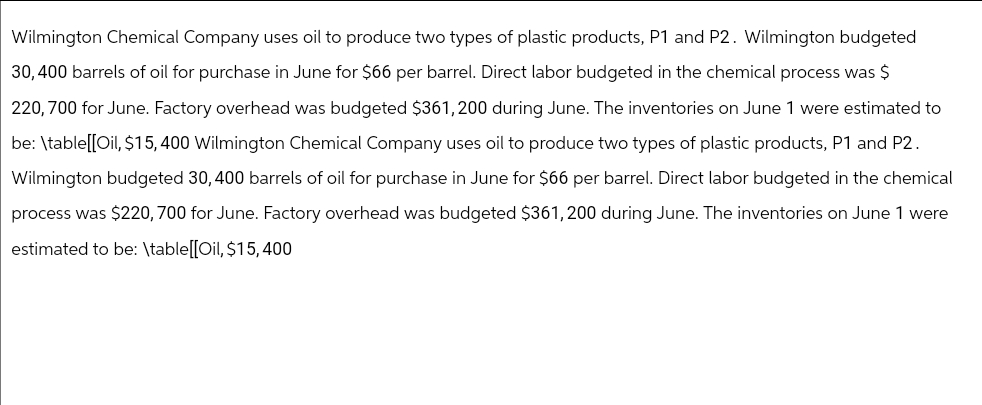 Wilmington Chemical Company uses oil to produce two types of plastic products, P1 and P2. Wilmington budgeted
30,400 barrels of oil for purchase in June for $66 per barrel. Direct labor budgeted in the chemical process was $
220,700 for June. Factory overhead was budgeted $361,200 during June. The inventories on June 1 were estimated to
be: \table[[Oil, $15,400 Wilmington Chemical Company uses oil to produce two types of plastic products, P1 and P2.
Wilmington budgeted 30, 400 barrels of oil for purchase in June for $66 per barrel. Direct labor budgeted in the chemical
process was $220, 700 for June. Factory overhead was budgeted $361,200 during June. The inventories on June 1 were
estimated to be: \table[[Oil, $15,400