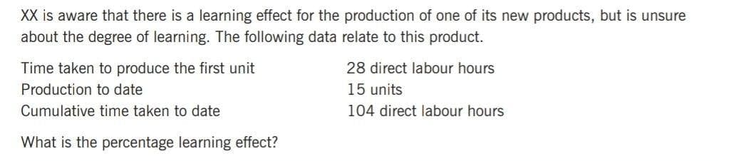 XX is aware that there is a learning effect for the production of one of its new products, but is unsure
about the degree of learning. The following data relate to this product.
Time taken to produce the first unit
28 direct labour hours
Production to date
15 units
Cumulative time taken to date
104 direct labour hours
What is the percentage learning effect?
