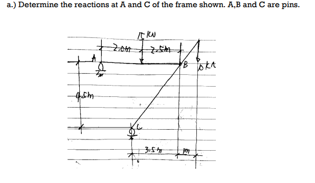 a.) Determine the reactions at A and C of the frame shown. A,B and C are pins.
A
4sm
zom
I KN
Z-SM
3.5m
B
im
oka