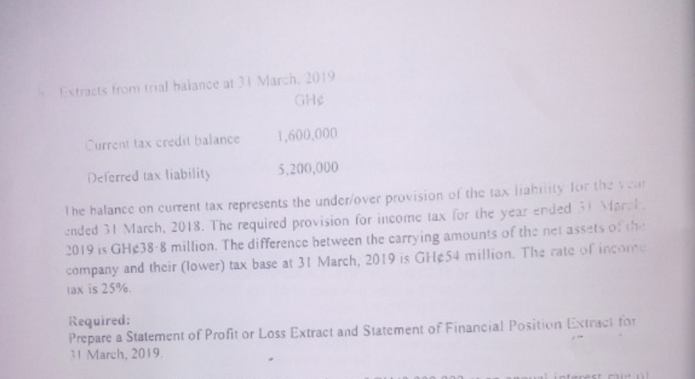 Extracts from trial balance at 31 March, 2019
GH¢
Current tax credit balance
1,600,000
Deferred tax liability
5,200,000
The halance on current tax represents the under/over provision of the tax liability for the year
ended 31 March, 2018. The required provision for income tax for the year ended 31 March.
2019 is GHe38-8 million. The difference between the carrying amounts of the net assets of the
company and their (lower) tax base at 31 March, 2019 is GH¢54 million. The rate of income
tax is 25%.
Required:
Prepare a Statement of Profit or Loss Extract and Statement of Financial Position Extract for
31 March, 2019.
t mie ol